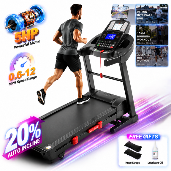 5HP Folding Treadmill for Home with Incline, 20 Level Auto Incline Treadmill, 12MPH Speed, 400 LBS Capacity, Smart APP Control, 71 Programs, 51" x 18" Shock Absorbing Running Belt, Exercise Equipment