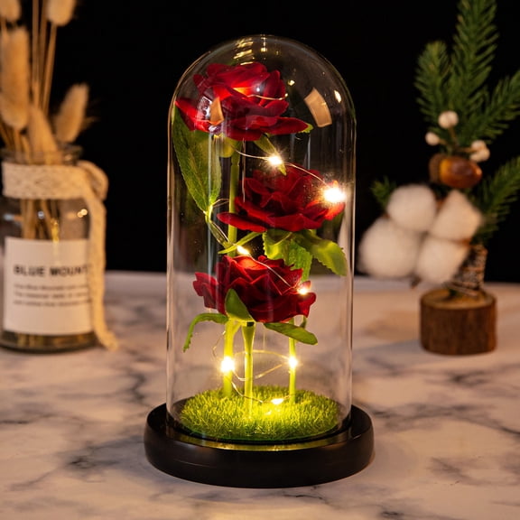RuiJiao 3 Rose LED Glass Night Light, Colorful Artificial Rose Lamp with Glass Dome, Romantic Home Decor for Christmas, Weddings, Birthdays (9cm Diameter, 21cm Height)