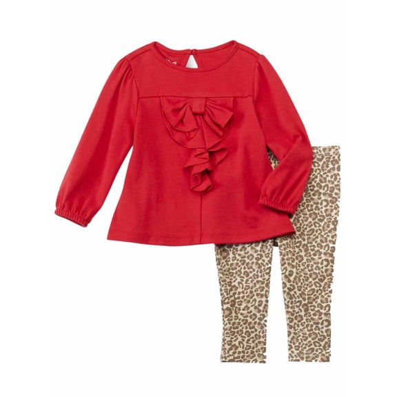 Infant Girls Baby Outfit Red Ruffle Shirt & Brown Leopard Print Leggings nb