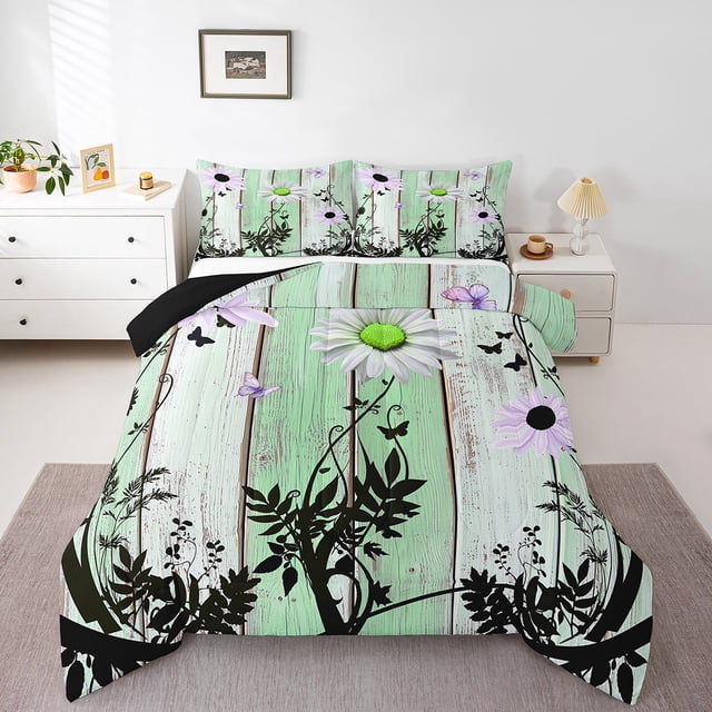 Erosebridal Floral Daisy Comforter Sets Queen Size For Teens,Animal Butterfly Bedding Queen Comforter Set,Rustic Decoration,Reversible,Ultra Soft,3-Piece
