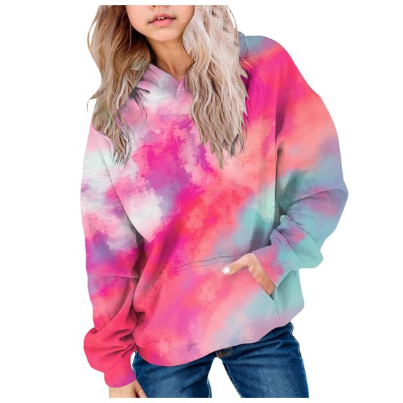 OYXSER Kids Girls Ombre Print Hooded Sweatshirt Long Sleeve Pullover Top with Front Pocket Casual Outdoor Wear, Hot Pink 5-6Y