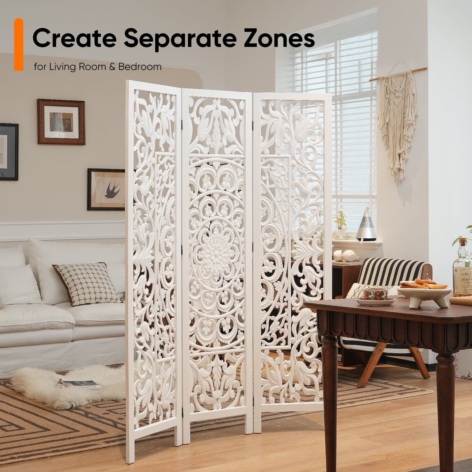 Jostyle 3 Panel Solid Wood Room Divider Privacy Screen - Freestanding Folding Partition with Openwork Design, Paulownia Wood Frame White, No Assembly for Living Room, Bedroom, Office