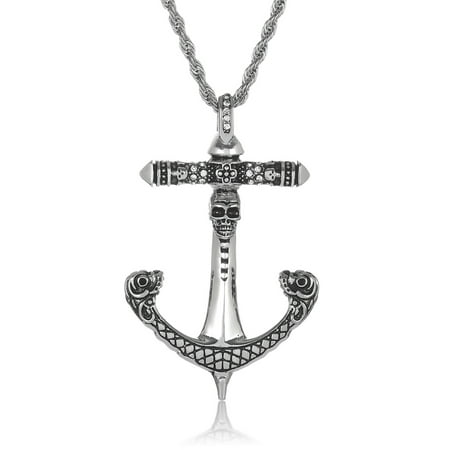 Crucible Antiqued Stainless Steel Skull Anchor Pendant (42mm Wide), 24