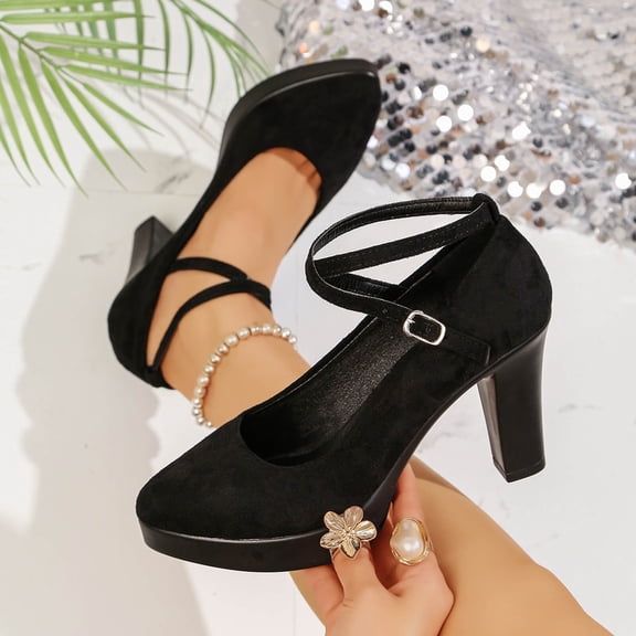 GERsome Women's Chunky Heels Pumps Closed Pointy Toe Ankle Strap Work Office Wedding Party Dress Shoes, Black Size 6.5