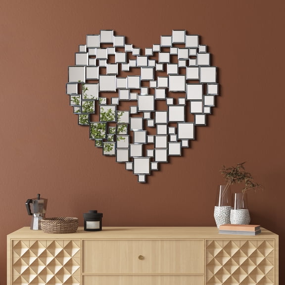 Tesselation Heart-Shaped Wall Mirror Featuring Beveled Mirror Squares, size 32"x32"