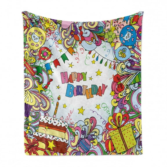 Birthday Soft Flannel Fleece Throw Blanket, Greeting Card Inspired Artwork in Colorful Cartoon Style Party Themed, Cozy Plush for Indoor and Outdoor Use, 70" x 90", Multicolor, by Ambesonne