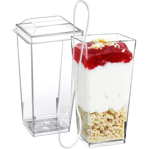 3 oz Mini Dessert Cups with Lids and Spoons 50 Pack, Small Plastic Dessert Cups for Party, Clear Square Cups for Parfait Yogurt, Shooter Cup Tumbler Cup for Appetizers Jello Mousse