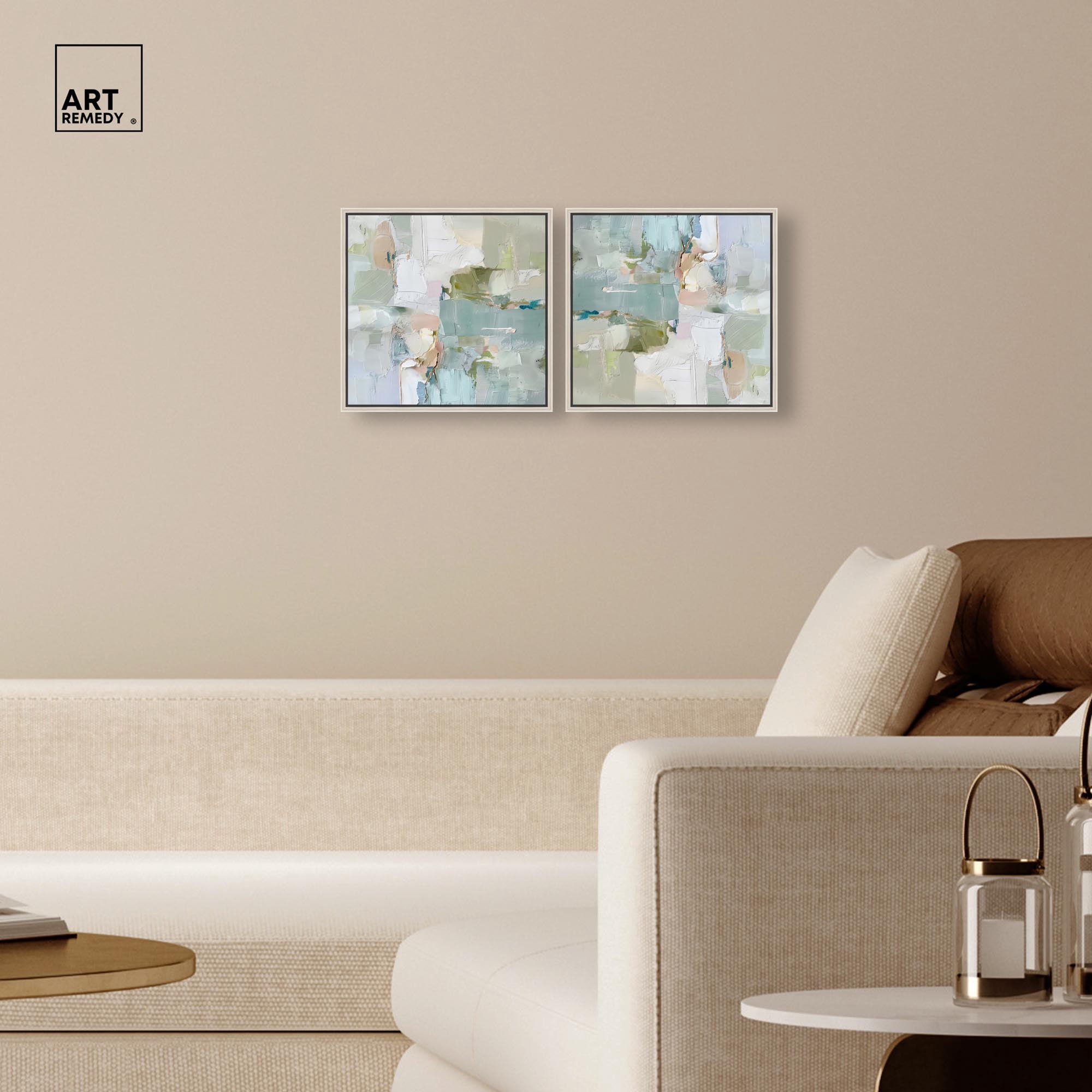 Art Remedy Modern Trendy Art Canvas, 12" x 12", Silver Frame, Jade Sweep I Set