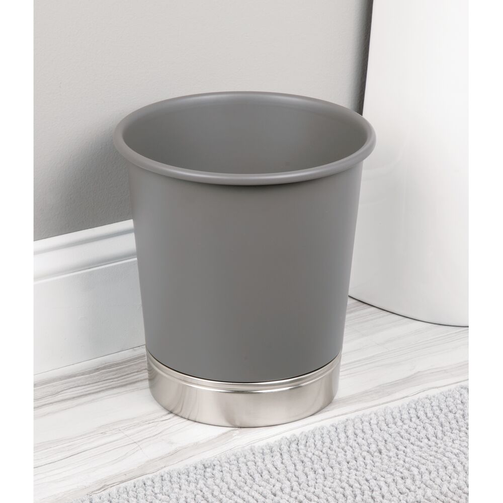 iDesign Home Office Trash Can, 2 Gallon Small Steel Round Open Top Garbage Bin, Gray/Brushed Metal Base