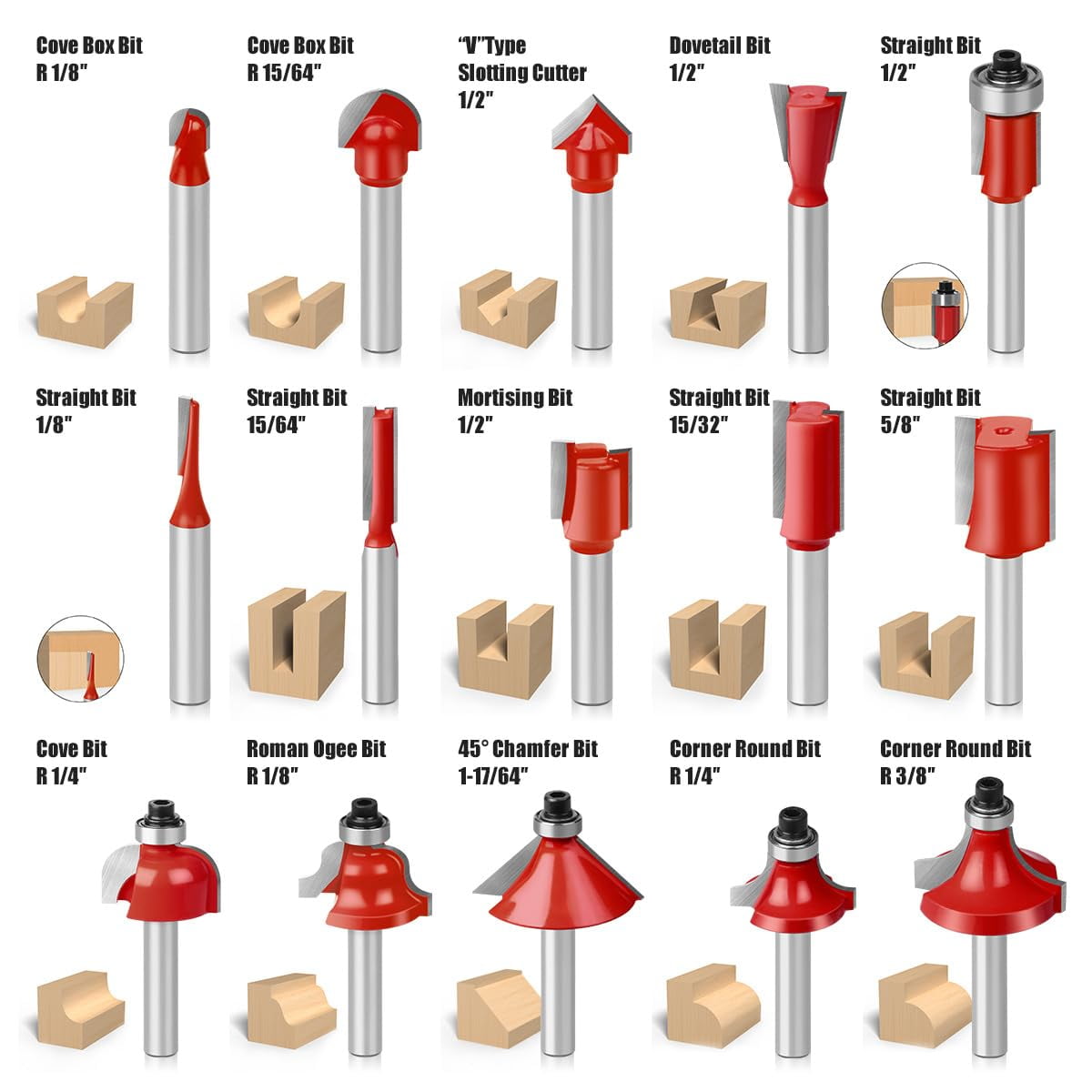 15Pcs 1/4in Shank Carbide Router Bit Set for Woodworking - Engraving and Cutting Tools for Wood