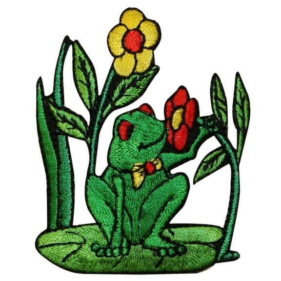 ID 0022 Frog on Lily Pad Smelling Flower Embroidered Iron On Applique Patch