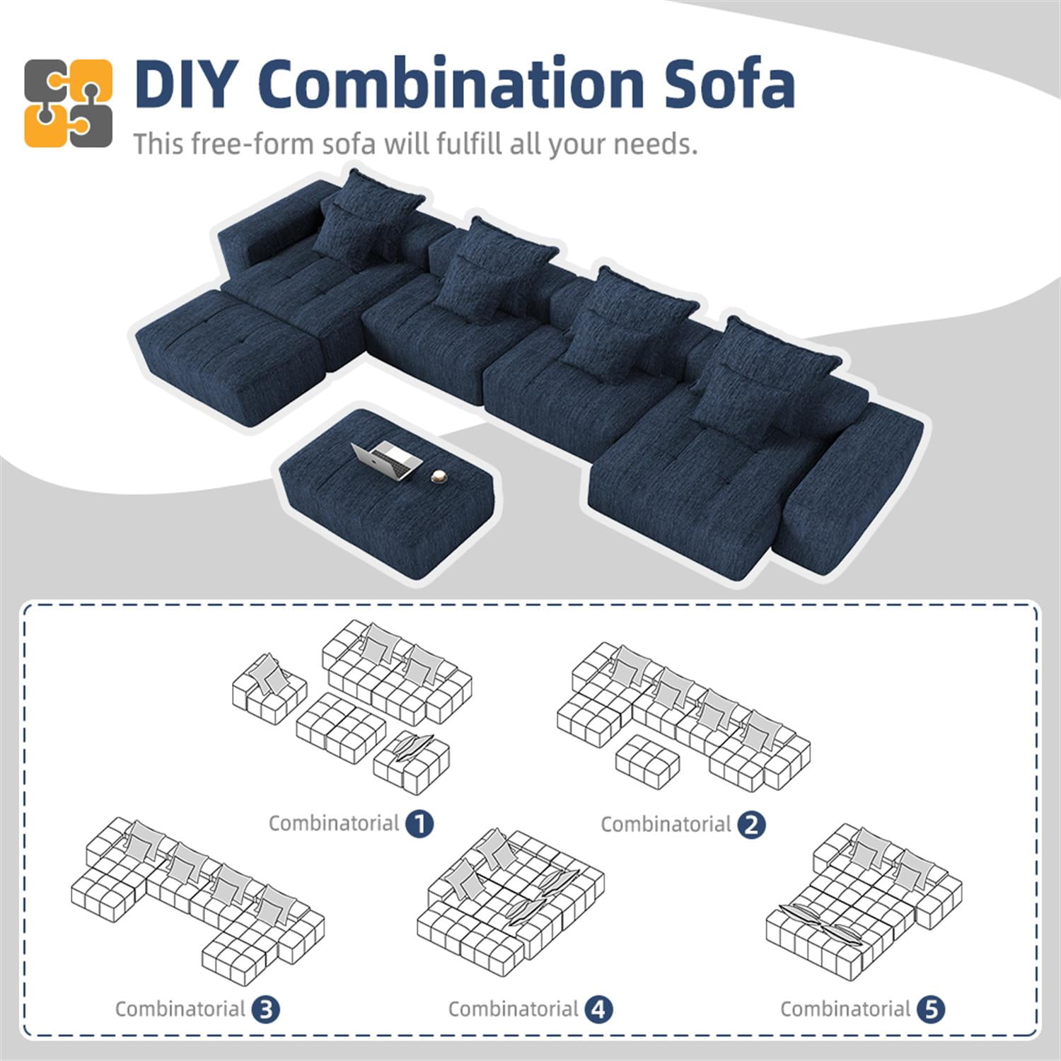 Demi Bonn 127" Modular Sectional Sofa with 8 Throw Pillows, Plush Chenille Upholstery DIY Tufted Couch for Living Room, No Assembly Needed, Blue