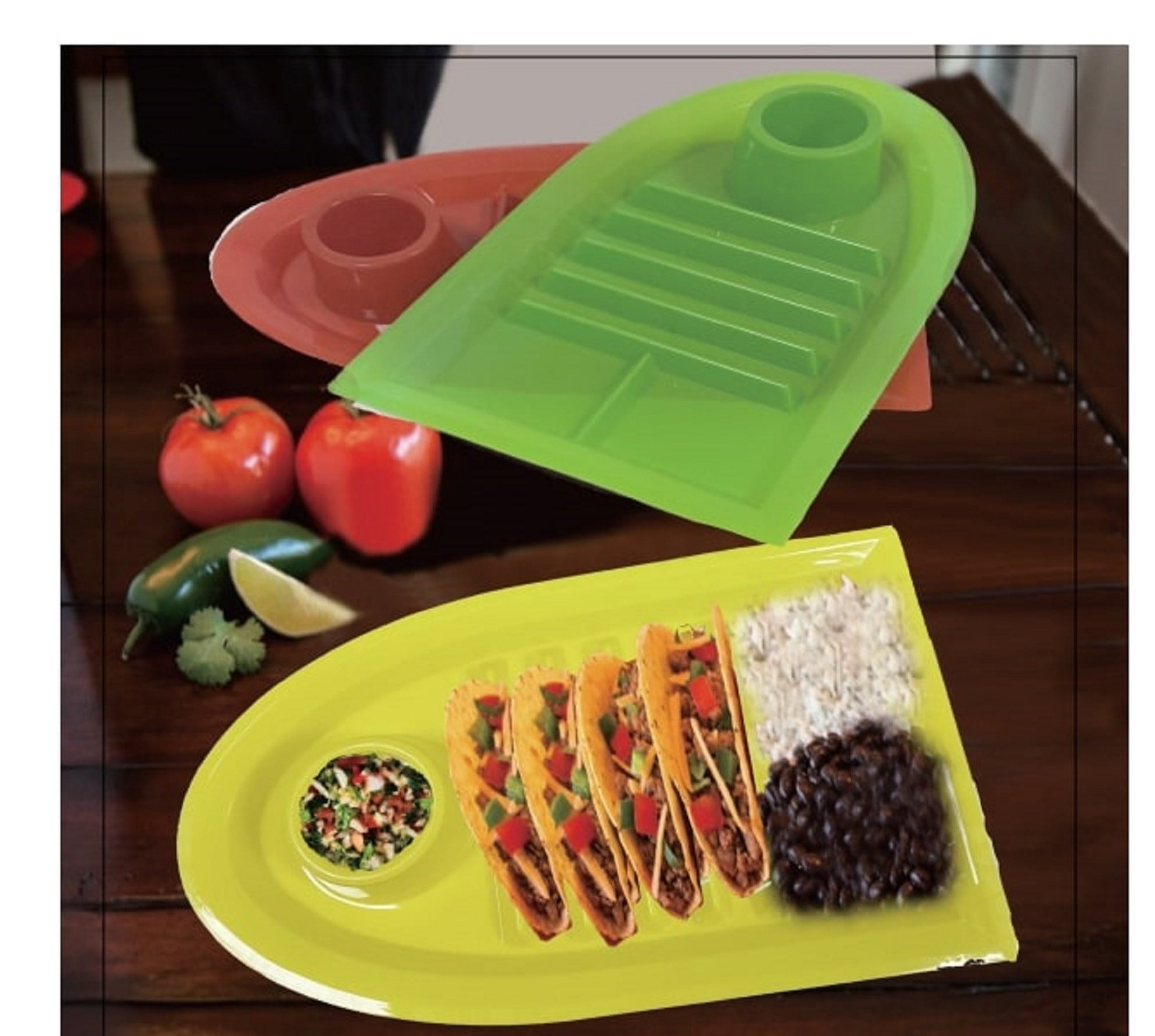 Taco Holder Stand Up Divider Plates Multi Colored Plastic Plates Set of 4 