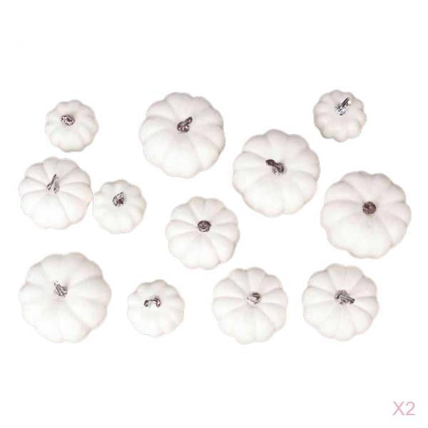 24Pcs White Fake Artificial Mini Pumpkins for Halloween Party Home Decoration. Includes 8 small, 8 medium, and 8 large foam pumpkins in white, perfect for DIY crafts, painting, and fall-themed decor. Ideal for tables, counters, baskets, and artificial fruit displays.