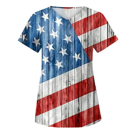 

Scrub Tops Women Stretchy Plus Size Summer Independence Day Printed Care V-Neck Working Uniform