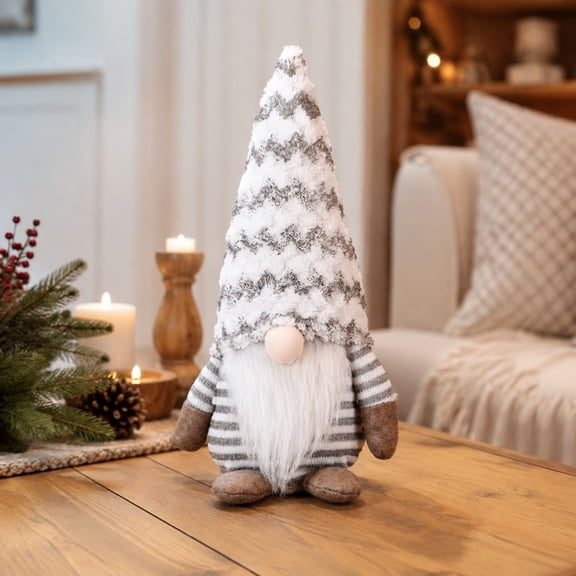 Christmas Faceless Gnome Plush Doll, Sitting Striped Holiday Tabletop Decor with Tall Hat & Long Beard, Soft Fabric Figure for Shelf Mantel Window Display, Nordic Winter Home Ornament