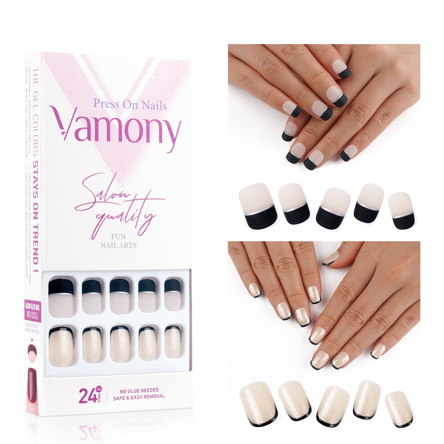 Vamony Press On Nails French Tips, 48 Pcs Short Square Shapes Fake