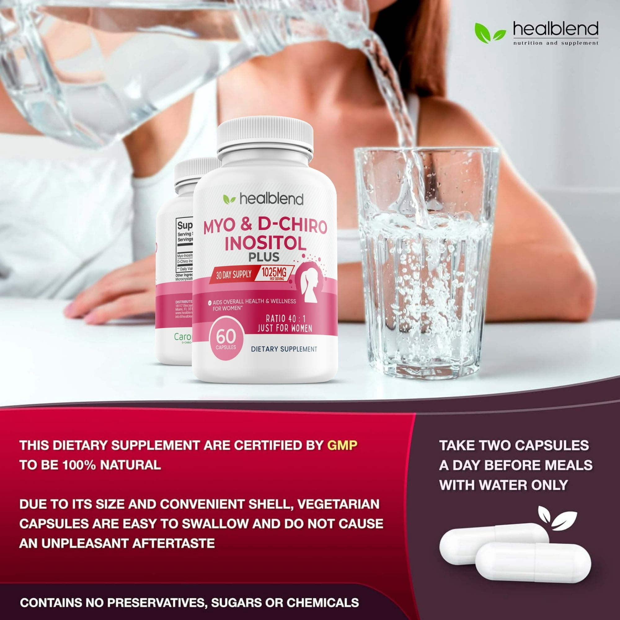 Healblend Myo Inositol & D-Chiro Inositol Plus Supplement - Support Hormonal Balance, Fertility & Healthy Ovarian Function for Women - 60 Capsules (3 Pack)