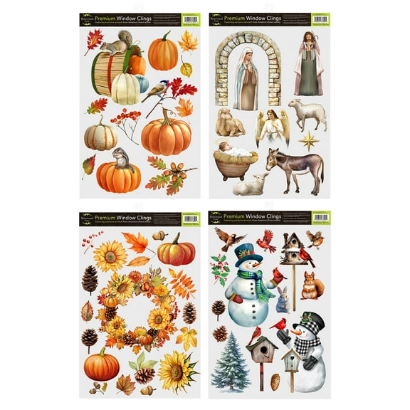 Briarwood Lane Bundle Set of 4 - Fall Winter Christmas Window Cling Assortment (4-pack)
