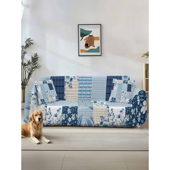 Blue Floral Couch Cover, Spring Flowers Plants Patchwork Grid Bohemia Sofa Cover Blanket for Loveseat Couches, Sectional Sofa Slipcover Furniture Protector for Living Room Bedroom 71''x118''
