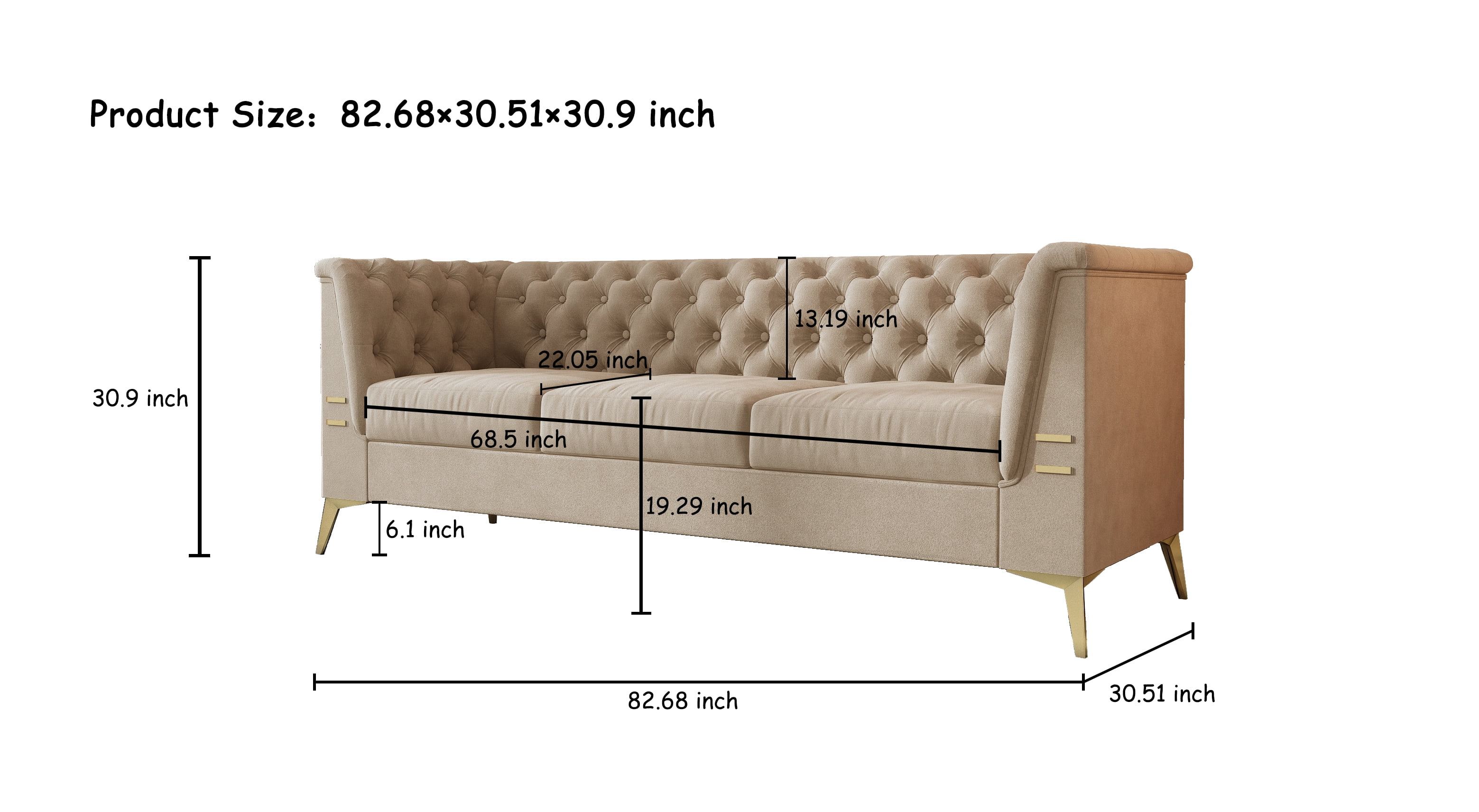 Private Jungle 3-Seater Velvet Sofa Couch with Square Armrest,Tufted Back Seat Cushion,Golden Metal Legs, Modern Upholstered Futon Sleeper Sofa,khaki Private Jungle 3-Seater Velvet Sofa Couch with Square Armrest,Tufted Back Seat Cushion,Golden Metal Legs, Modern Upholstered Futon Sleeper Sofa,khaki