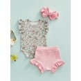 thumbnail image 3 of Baby Girls Flower Print Fly Sleeves Romper, Ribbed Shorts and Headdress, 3 of 9