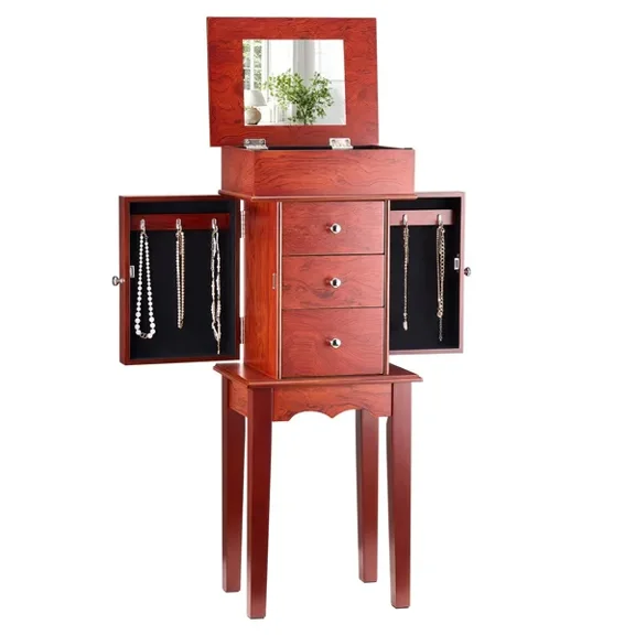 Jewelry Armoire with Mirror and 3 Drawers Standing Jewelry Storage Cabinet
