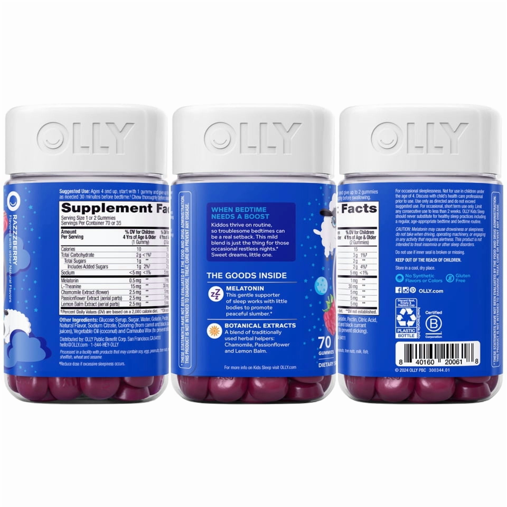 OLLY Kids Sleep Gummy Supplement, 0.5mg Melatonin, L Theanine, Sleep Aid, Raspberry Flavor, 70 Ct