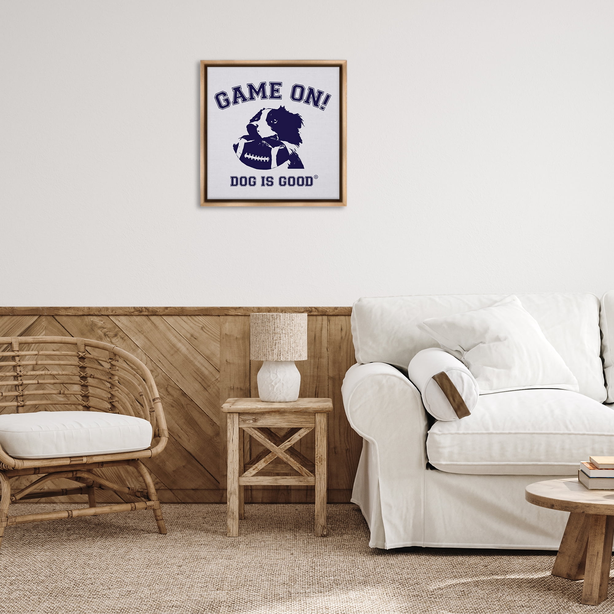 Stupell Industries Game On Dog & Football Animals Painting Brown Floater Framed Canvas Art Print Wall Art, 25 x 25