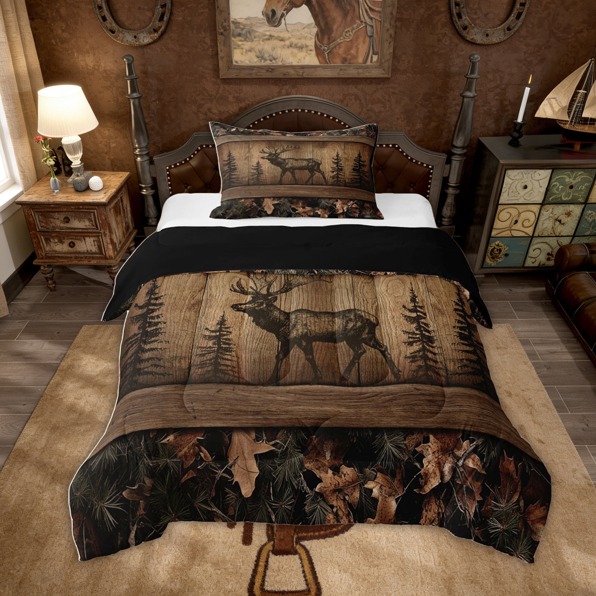Camo Moose Bedding Comforter Sets Rustic Tree Camouflage Wildlife Bedding Set Twin Woodland Hunting Animal Comforter Set Men Farmhouse Wood Board Pine Tree Quilt Set