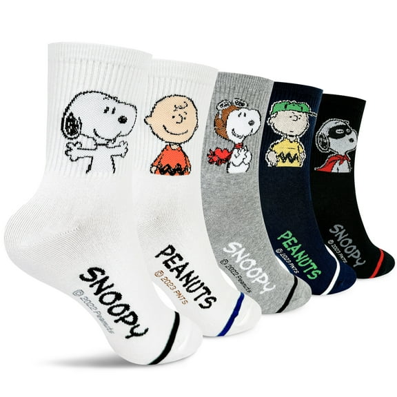 The Peanuts Snoopy Women and teen girls Cartoon Character Series Licensed Socks Assorted Colors 5 Pack Set Collection