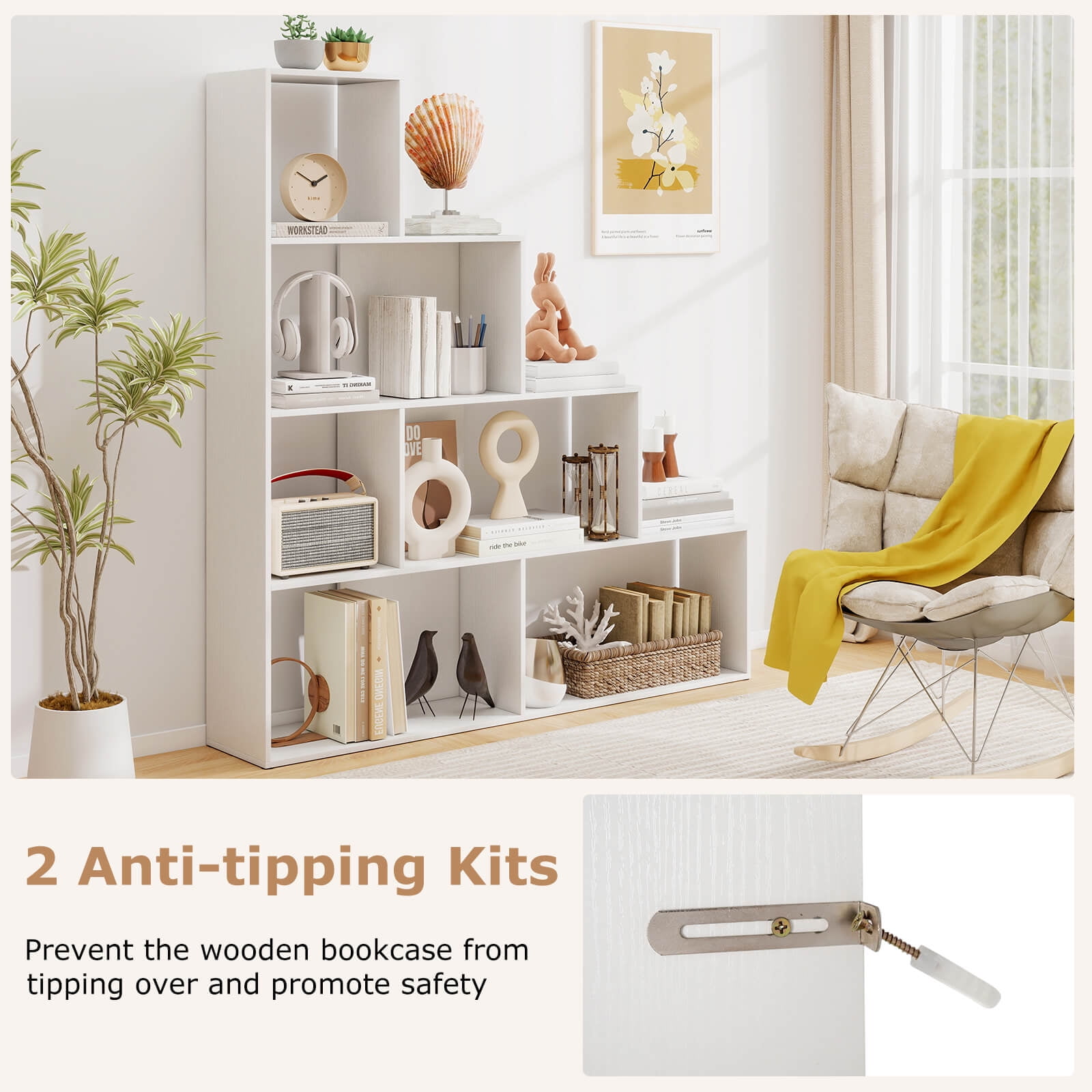 Costway 6 Cubes Ladder Shelf Freestanding Corner Bookshelf Storage Bookcase Display Rack White
