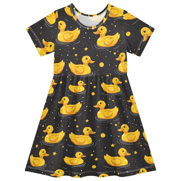 Yellow Duck on Black Background Short Sleeve Dress A-Line Cute Midi Casual Sundress 2-8 Years