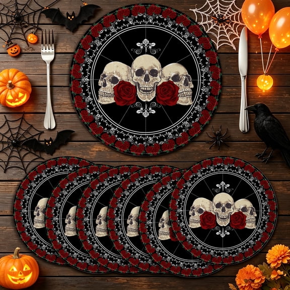 MIZHONA Halloween Skull Round Placemats Set of 6 Skeleton Table Mat 14 inch for Kitchen Dining Table Decoration