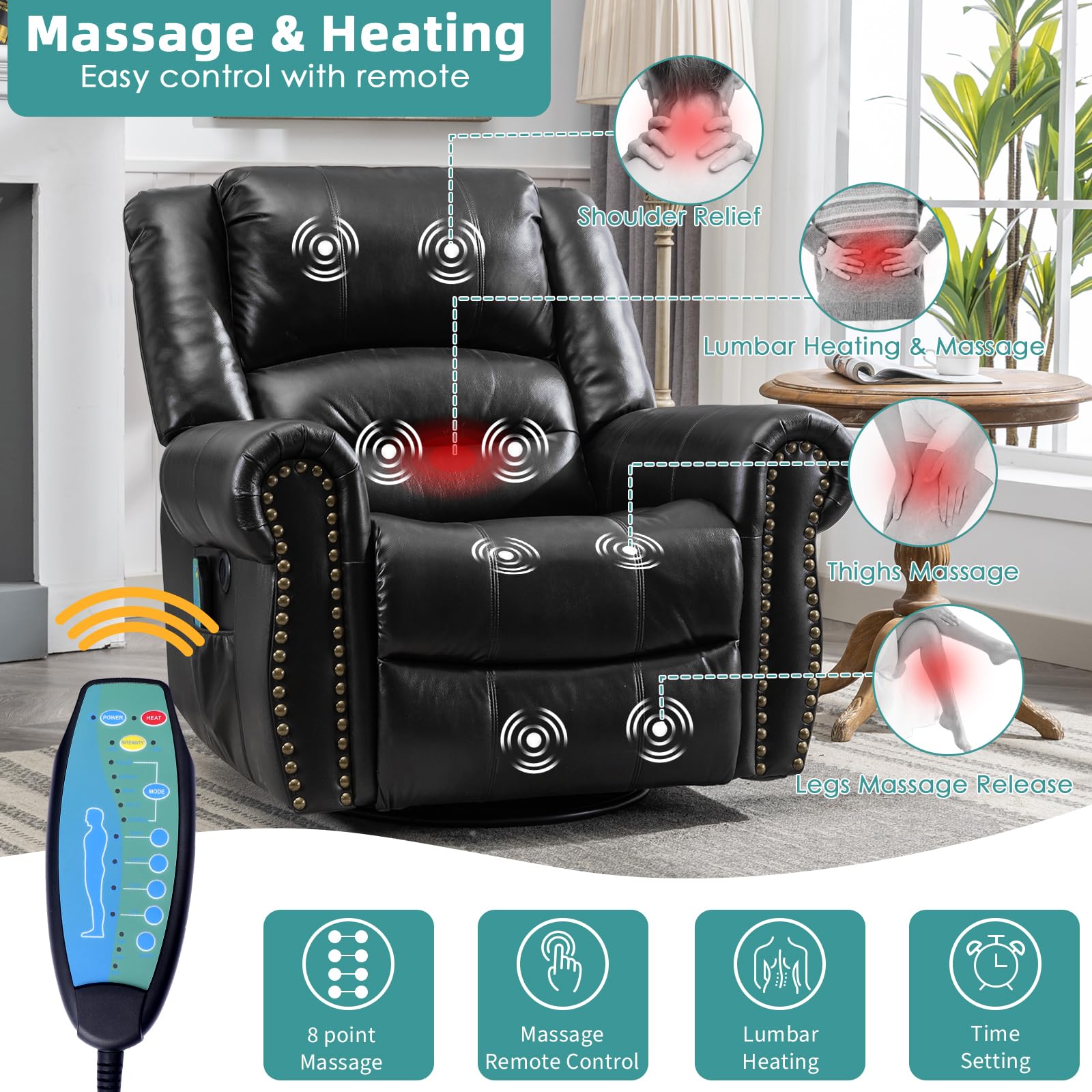MEETWARM Massage Recliner with Heat and Vibration, Black