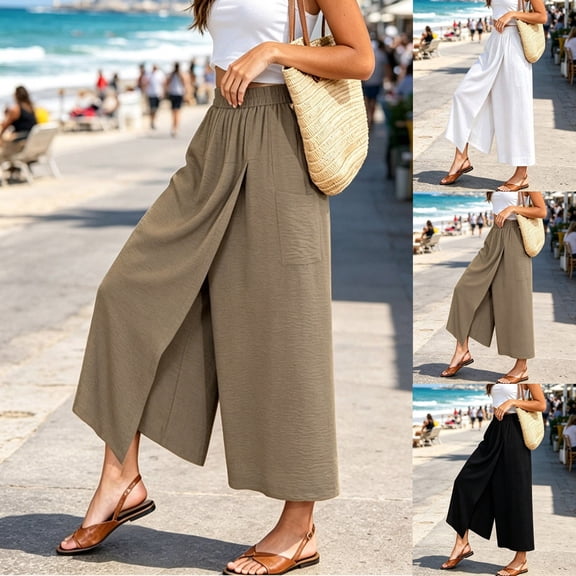 Womens High Waist Split Front Wide Leg Skort Pants Elastic Waistband Pocket Loose Thin Casual Culottes for Summer Coffee XL(XL)