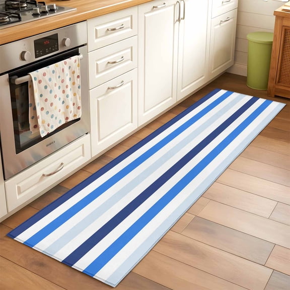 2'x6' Rug Runners for Hallways Kitchen, Blue Ombre Striped Non Slip Entryway Beside Floor Carpet Runner, Farmhouse Stripes Simple Art Washable Laundry Room Bedroom Throw Rugs Mat for Family Pet