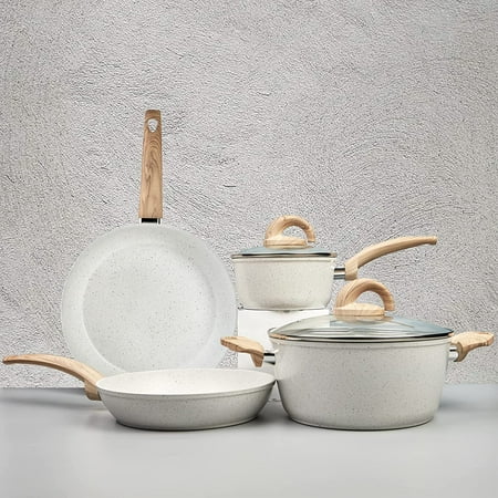 

Yeekohome White Pots and Pans Set Nonstick Induction Kitchen Cookware Set Cooking Sets 6 Pcs with Frying Pan Granite Stone Bakelite Wood Handle