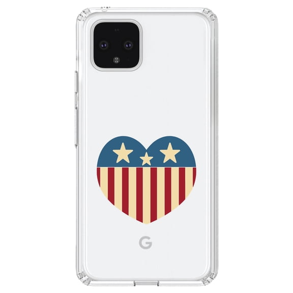 DistinctInk Clear Shockproof Hybrid Case for Google Pixel 4 XL (6.3" Screen) - TPU Bumper Acrylic Back Tempered Glass Screen Protector - USA Heart Flag Red White & Blue