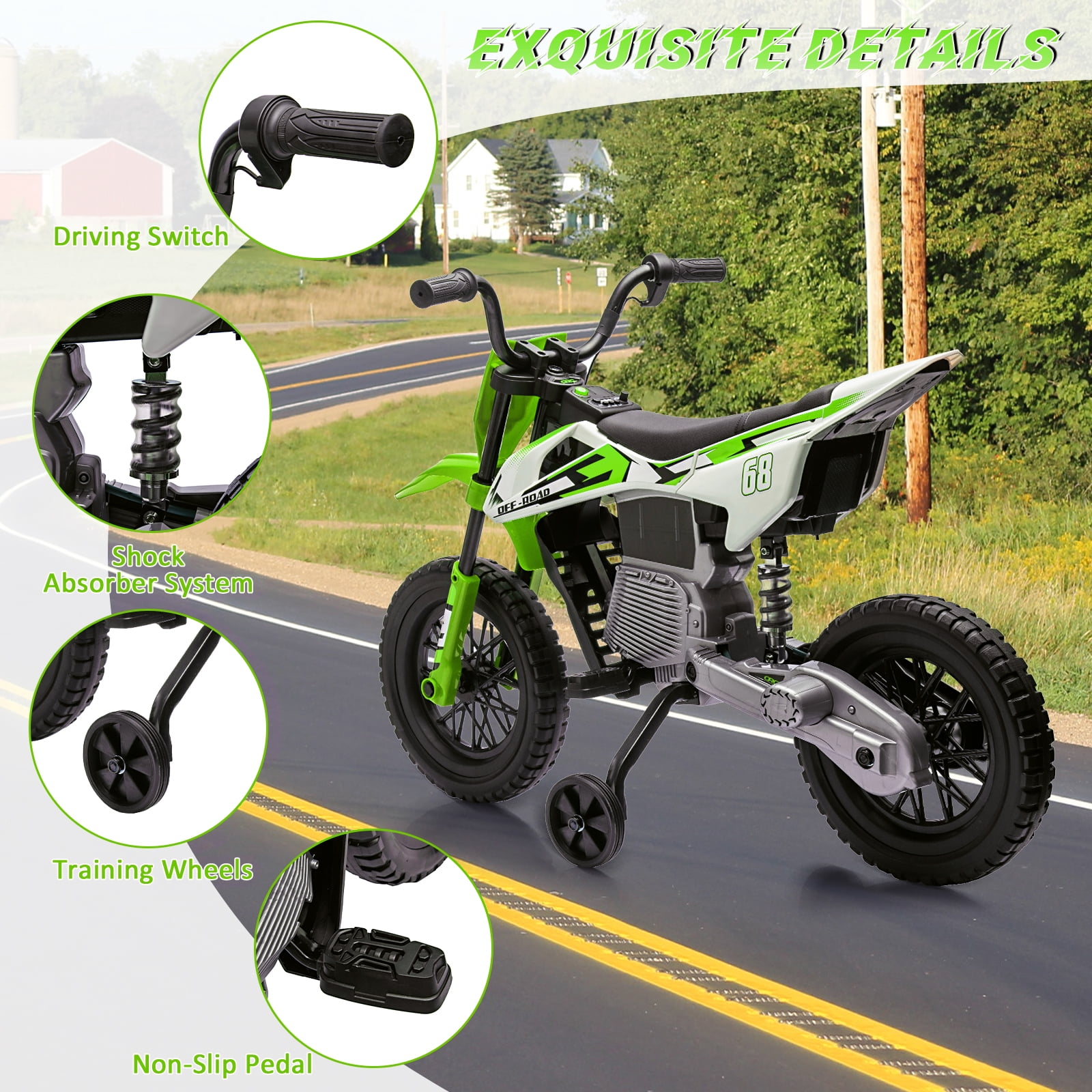 CazToi 12V Kids 3Mph Electric Motorcycle with Training Wheels & Bluetooth Music  for Ages 3-8 Years Old