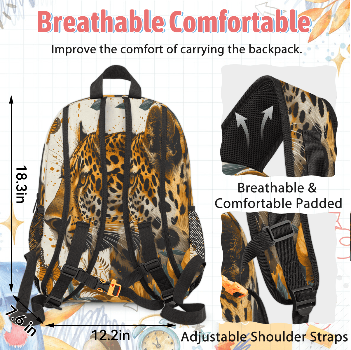 Herdesigns Leopard Backpack with Lunch Box Butterfly Leopard Print Lightweight Large Travel Work Laptop Backpacks Set Casual Daypacks