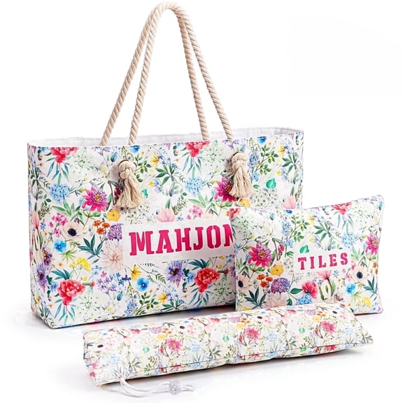 3 Pcs Empty Mahjong Bags Set for Tiles and Racks, Floral American Mahjong Carrying Case Only, Fits Standard 24inch Pusher Racks (No Tiles)