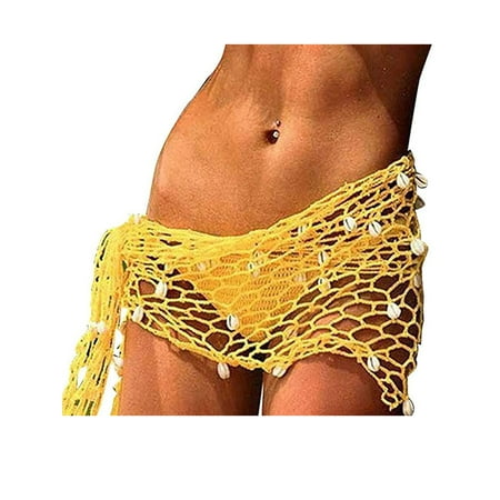 Lazybaby Women Crochet Beach Cover Up Sarong Wrap with Shells Triangle Fishnet Bikini Shawl Shell Beach Scarf Mesh Swimwear Scarves