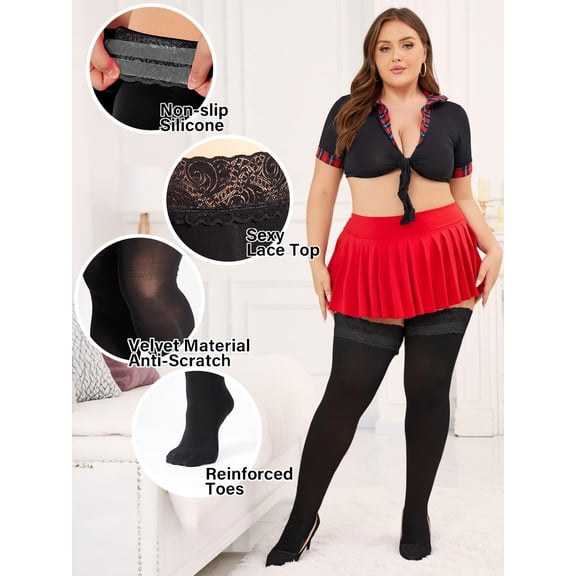 DAPRZIY Plus Size Lace Top Silicone Stay-Up Thigh High Stockings for Women Sexy Semi Sheer Hosiery for Party