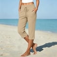 thumbnail image 2 of Nooxsoe Women High Waist Drawstring Straight Yoga Capri Pants Elastic Pull On Waist Mid-Calf Cropped Trousers with Side Patch Pockets Stretch Tummy Control Workout Lounge Travel Bottoms Beige L, 2 of 9