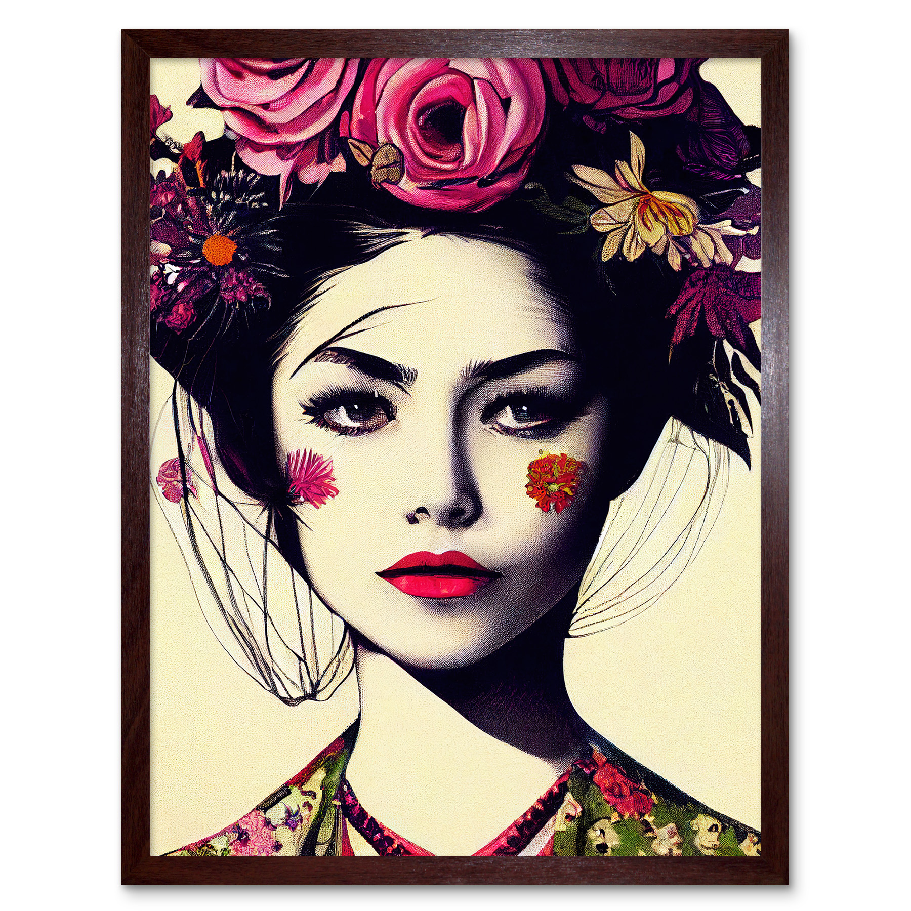 Boho Woman With Flowers Headdress Modern Art Print Framed Poster Wall ...
