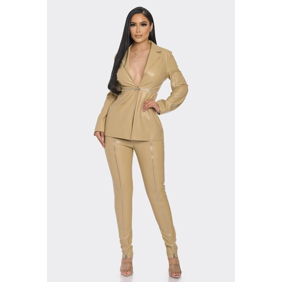 Pu Leather Zipper Pant Set