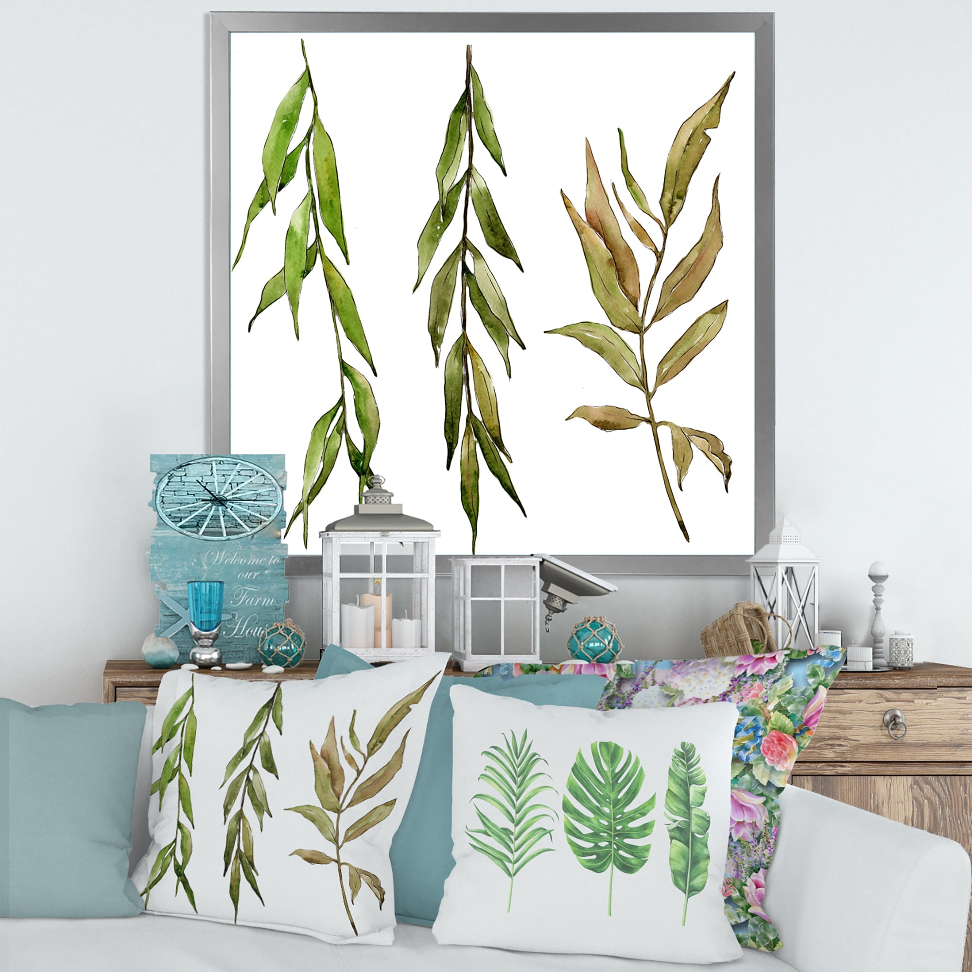 Designart 'Three Willow Branches On White' Farmhouse Framed Art Print