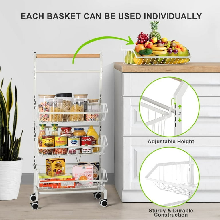 Werseon 4 Tier Fruit Vegetable Storage Basket, Fruit Vegetable Cart with Solid Wood, Kitchen Storage Rack with Rollers for Pantry, Black