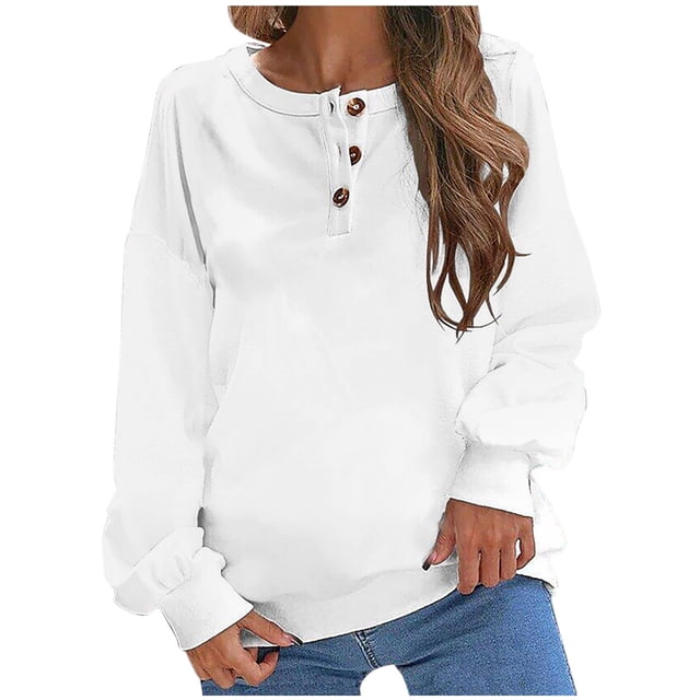 AherBiu Chandail en Molleton pour Femmes Tendance Col Rond Pull d'Automne Hauts Amples T-Shirts Décontractés à Boutons